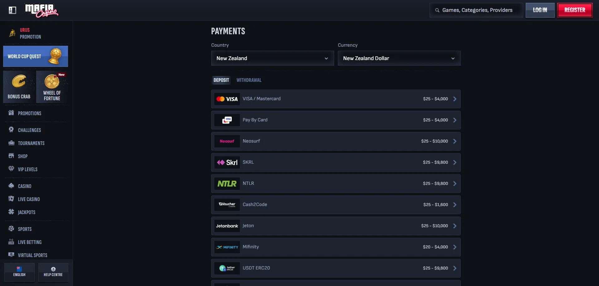 Mafia Casino payment methods — deposit and withdrawal NZ 2026