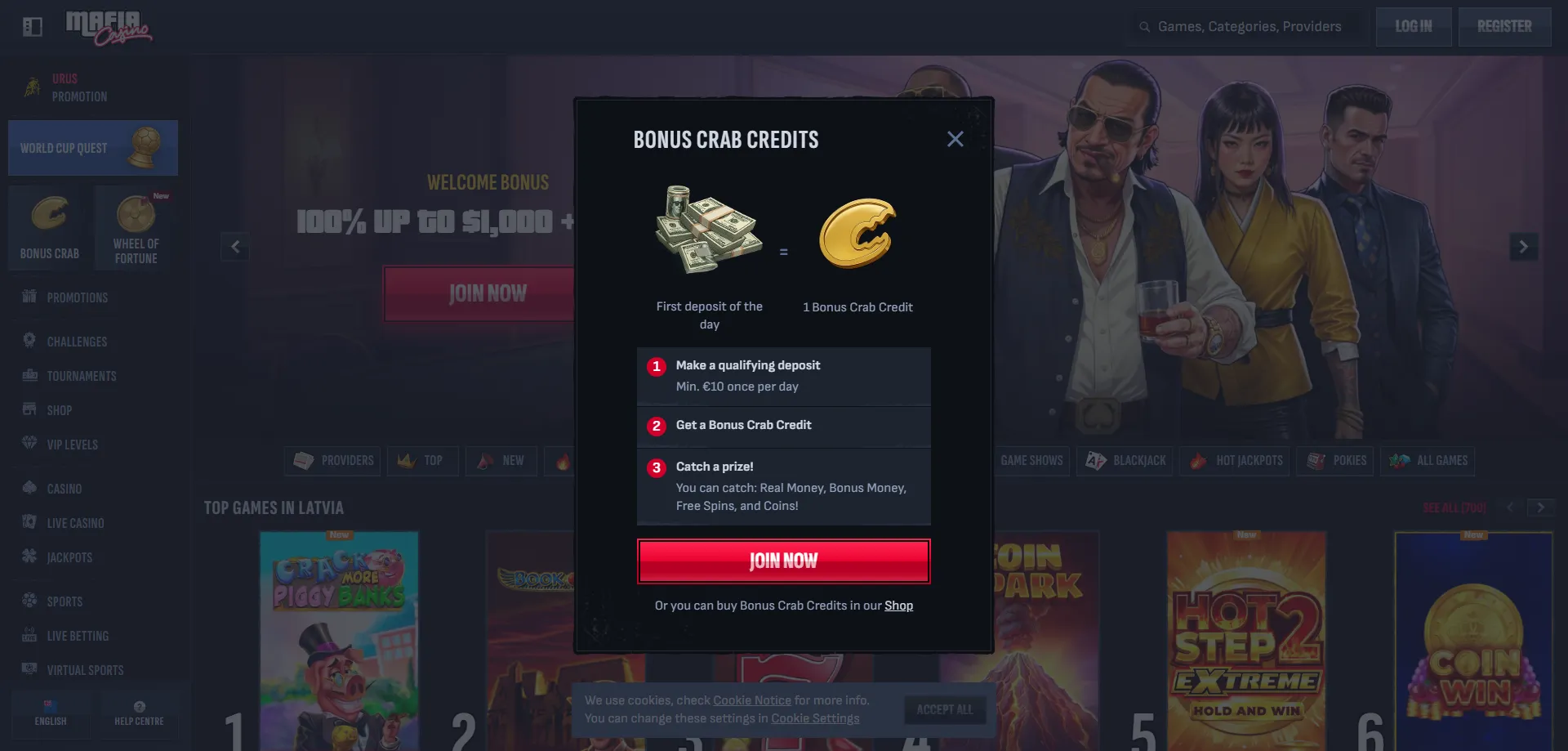 Mafia Casino welcome bonus NZ — NZ$1000 match plus 200 free spins