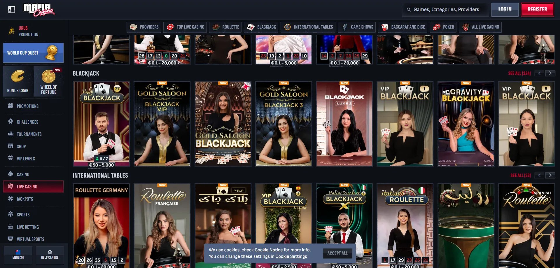 Mafia Casino live dealer tables — roulette blackjack baccarat NZ